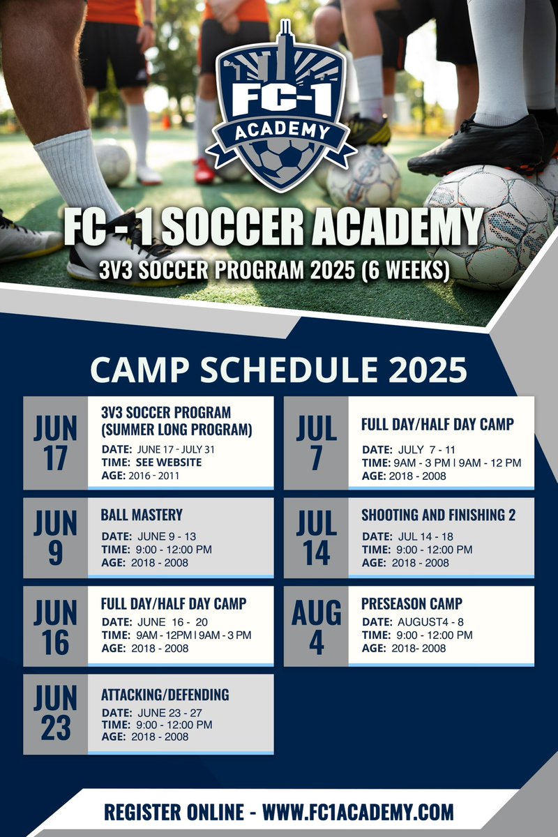 Summer Camps Registration! OPEN NOW!!! 

Sign Up on our website: fc1academy.com 

#fc1 #soccer #summercamps #soccercamps #fc1summercamps #fc1soccercamps