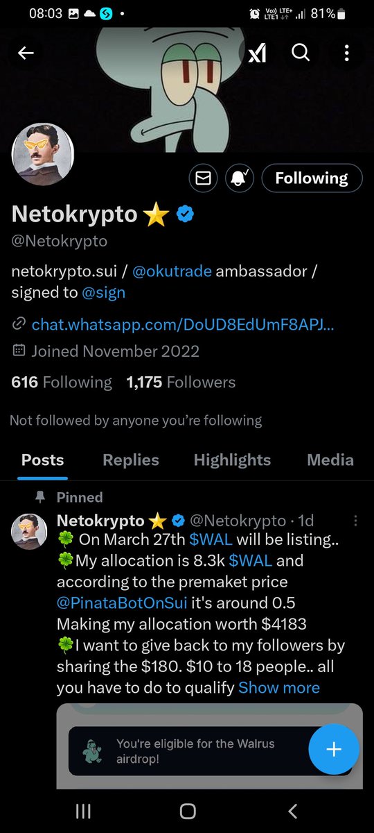 Chakra_2004's tweet photo. @Netokrypto @PinataBotOnSui 0xed6f1a6aa8af1c5d68f4747cc87efac4462215f053852550008e73ad5ed944b5

Followed and notis on.
Hoping for good news 🤞 https://t.co/x5lOXijKyh