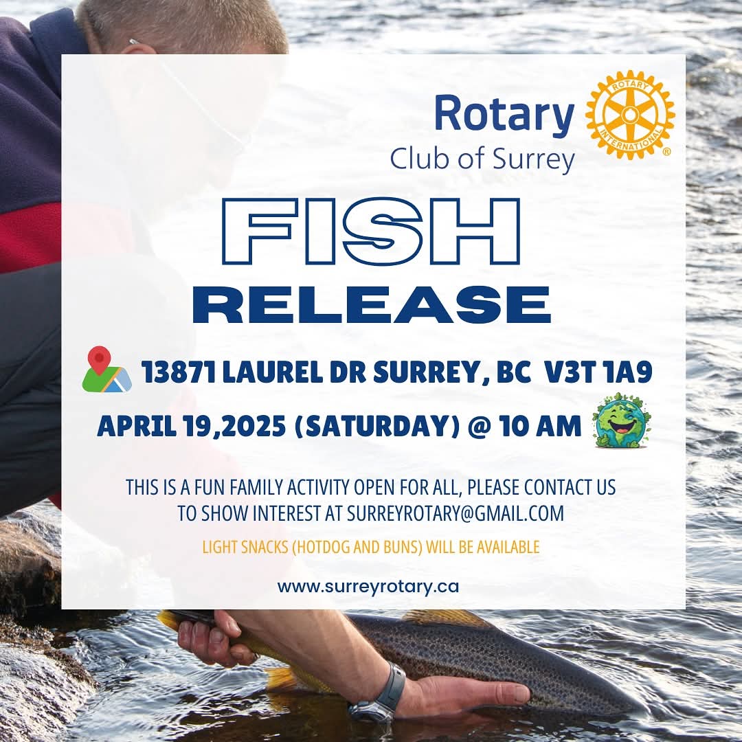 Rotary Club of Surrey SurreyRotary.ca invites everyone to join us in our event to celebrate Earth Day ￼ Our Rotary Club of Surrey will be releasing Fish along Quibble creek in Surrey On Saturday April 19 2025 @ 10am 13871 Laurel Dr. Surrey 🇨🇦

facebook.com/share/p/1ABxzX…