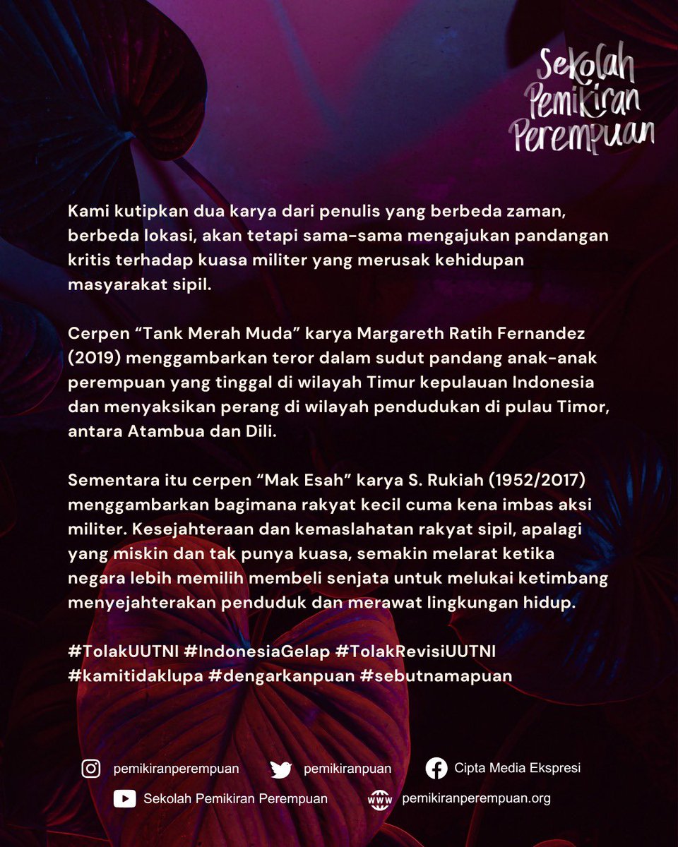 Kehadiran tentara di dalam pengelolaan kehidupan sipil mengekalkan teror heteropatriarki #TolakDwifungsiABRI #TolakUUTNI #sekolahpemikiranperempuan #feminisme #lintasbatas