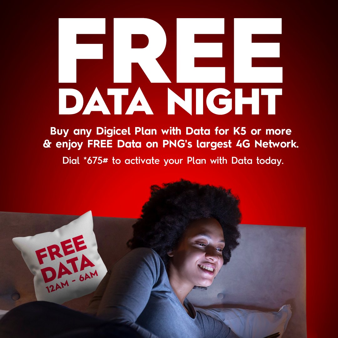 Enjoy FREE Data to surf, download or chat all night long on PNG's largest 4G network! That's right, simply buy any Digicel Plan with Data for K5 or more &amp; receive FREE Data from 12am – 6am! Dial *675# to activate your Plan with Data today! #DigicelPNG #FreeDataNightPlan