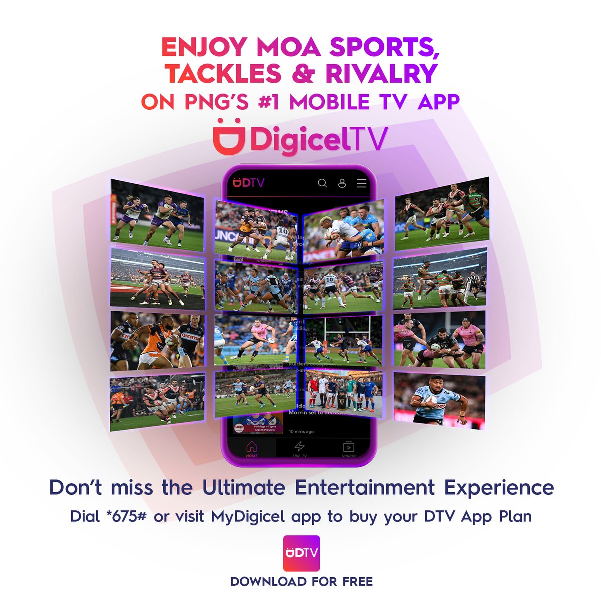 Don't miss the 2025 NRL Season! Get the DigicelTV App now and enjoy moa of the latest entertainment in sports on PNG's #1 Mobile TV App anytime, anywhere on the go! Dial *675# or visit MyDigicel App to buy your DTV App Plan. #Digicel #DigicelTVApp #DigicelBetterTogether