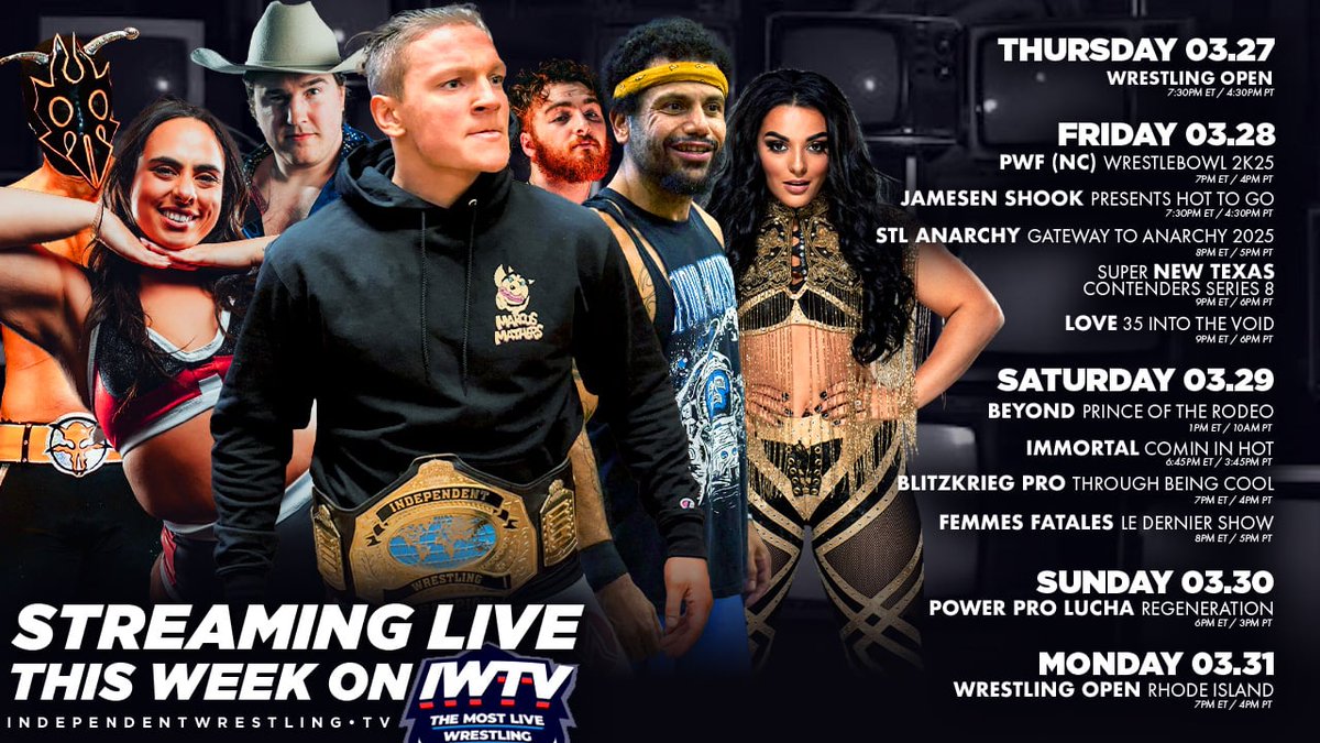 IWTV (@indiewrestling) on Twitter photo This week on IWTV.live
Wed
<a href="/RemarkableWres/">REMARKABLE WRESTLING</a>
Thur
<a href="/WrestlingOpen/">Wrestling Open</a>
Fri
@STLAnarchy
<a href="/PWFLive/">Premier Wrestling Federation</a>
<a href="/jshook_75/">World Champion Jamesen Shook</a>
<a href="/LoveWrestlingCA/">Love Wrestling || Love Pro Wrestling</a>
@TexasContenders
Sat
@BeyondWrestling
<a href="/ImmortalCW/">Immortal Championship Wrestling</a>
<a href="/Blitzkrieg_Pro/">Blitzkrieg! Pro</a>
<a href="/FemmesFatales21/">Femmes Fatales</a>
Sun
@PowerProLucha
Mon
<a href="/WrestlingOpenRI/">Wrestling Open RI</a> This week on IWTV.live
Wed
<a href="/RemarkableWres/">REMARKABLE WRESTLING</a>
Thur
<a href="/WrestlingOpen/">Wrestling Open</a>
Fri
@STLAnarchy
<a href="/PWFLive/">Premier Wrestling Federation</a>
<a href="/jshook_75/">World Champion Jamesen Shook</a>
<a href="/LoveWrestlingCA/">Love Wrestling || Love Pro Wrestling</a>
@TexasContenders
Sat
@BeyondWrestling
<a href="/ImmortalCW/">Immortal Championship Wrestling</a>
<a href="/Blitzkrieg_Pro/">Blitzkrieg! Pro</a>
<a href="/FemmesFatales21/">Femmes Fatales</a>
Sun
@PowerProLucha
Mon
<a href="/WrestlingOpenRI/">Wrestling Open RI</a>