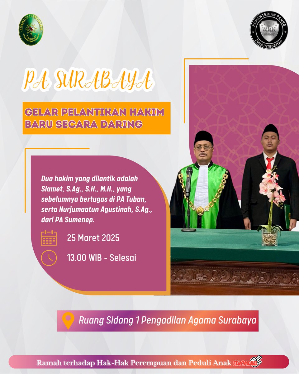 PASurabaya's tweet photo. #Fenomenal

Surabaya, 25 Maret 2025 – Pengadilan Agama (PA) Surabaya melaksanakan pelantikan dua hakim baru yang berlangsung secara daring dan berjalan dengan lancar. Acara pelantikan dipimpin langsung oleh Ketua PA Surabaya, Dr. H. Suhartono, https://t.co/QjAJ4kS8J6., S.H., M.H. https://t.co/dYGIrIgk3m