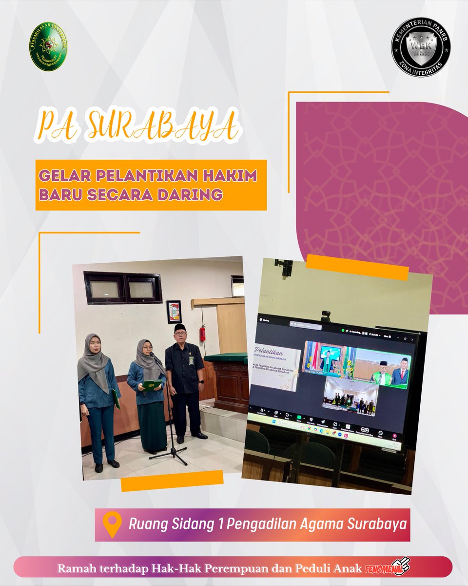 PASurabaya's tweet photo. #Fenomenal

Surabaya, 25 Maret 2025 – Pengadilan Agama (PA) Surabaya melaksanakan pelantikan dua hakim baru yang berlangsung secara daring dan berjalan dengan lancar. Acara pelantikan dipimpin langsung oleh Ketua PA Surabaya, Dr. H. Suhartono, https://t.co/QjAJ4kS8J6., S.H., M.H. https://t.co/dYGIrIgk3m
