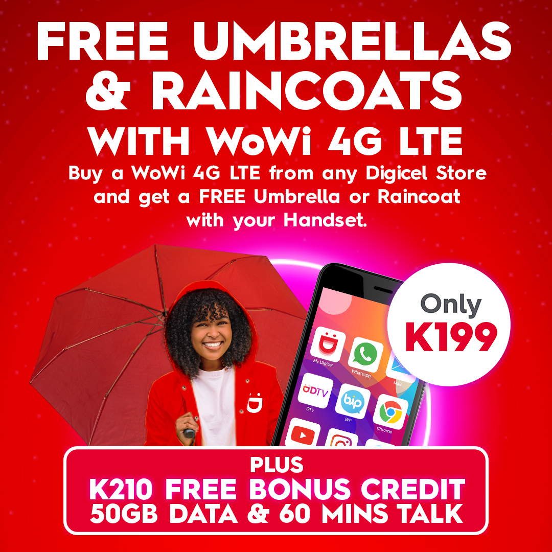 Get FREE Umbrellas &amp; Raincoats with WoWi 4G LTE Smartphone! Simply buy a WoWi 4G LTE Smartphone for only K199 and get a Free umbrella &amp; raincoat + K210 Free Bonus credit, 50GB Data and 60mins talk. Get yours at a Digicel Store today! #DigicelPNG #Wowi4GSmartphone