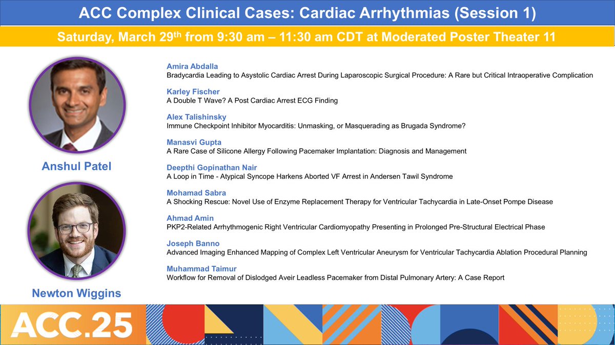 Newton Wiggins (@nbwiggins) on Twitter photo If you are #EPeeps and attending <a href="/ACCinTouch/">American College of Cardiology</a> #ACC25, come by Moderated Poster Theater 11 on Saturday from 9:30 - 11:30 am CT to learn from these amazing cases!
Looking forward to this session with <a href="/ampatelmd/">Anshul M. Patel, MD</a> If you are #EPeeps and attending <a href="/ACCinTouch/">American College of Cardiology</a> #ACC25, come by Moderated Poster Theater 11 on Saturday from 9:30 - 11:30 am CT to learn from these amazing cases!
Looking forward to this session with <a href="/ampatelmd/">Anshul M. Patel, MD</a>