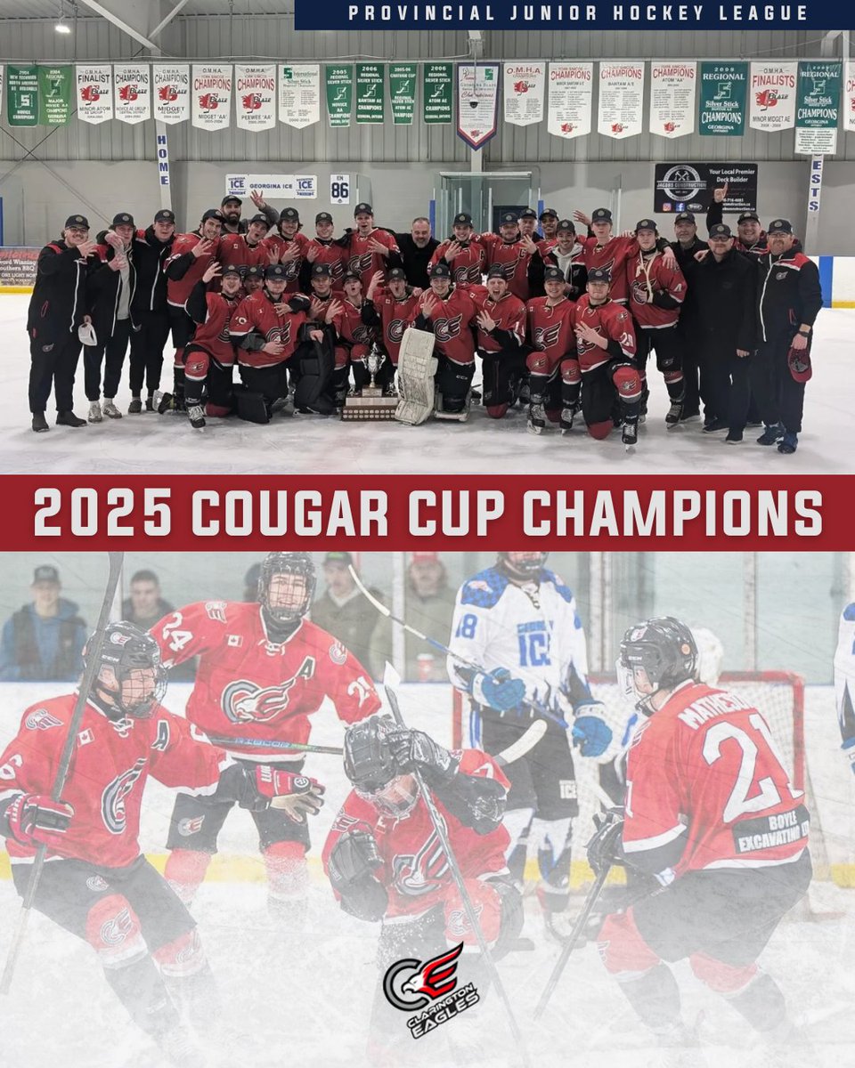 PJHL (@pjhl_official) on Twitter photo THE CLARINGTON EAGLES ARE YOUR 2025 COUGAR CUP CHAMPIONS. 🤩
Congratulations to the <a href="/EaglesPJHL/">Clarington Eagles</a> on clinching the Orr Division Championship! THE CLARINGTON EAGLES ARE YOUR 2025 COUGAR CUP CHAMPIONS. 🤩
Congratulations to the <a href="/EaglesPJHL/">Clarington Eagles</a> on clinching the Orr Division Championship!