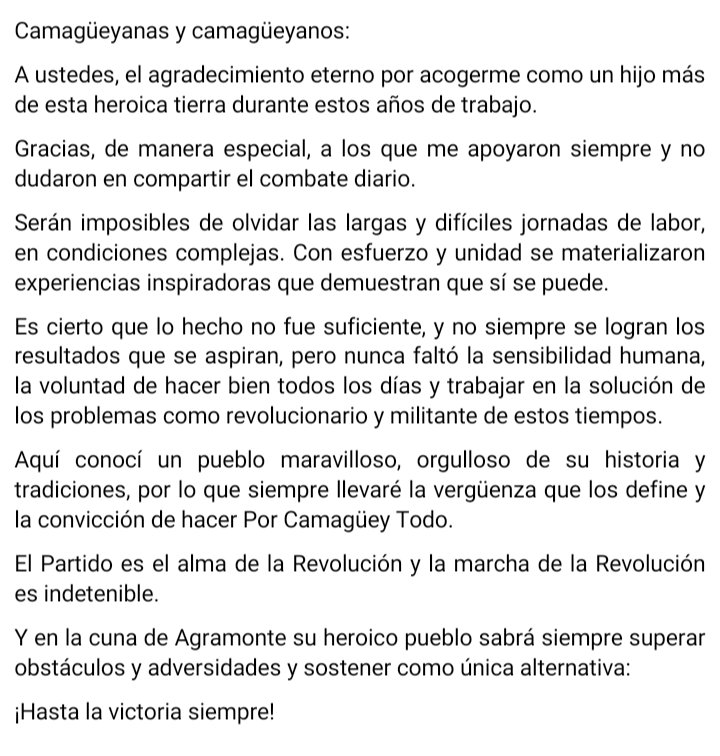 Federico Hernández Hernández (@fhhernndez1) on Twitter photo Un honor haber acompañado al bravo pueblo agramontino al que dejo este mensaje, en tres años de trabajo junto
al <a href="/PartidoPCC/">Partido Comunista de Cuba</a> sumando esfuerzos y voluntades para hacer #PorCamagueyTodo. Éxitos al hermano y compañero <a href="/WalterNoris/">Walter Simon Noris</a> en su nueva responsabilidad. ¡Gracias #Camagüey! Un honor haber acompañado al bravo pueblo agramontino al que dejo este mensaje, en tres años de trabajo junto
al <a href="/PartidoPCC/">Partido Comunista de Cuba</a> sumando esfuerzos y voluntades para hacer #PorCamagueyTodo. Éxitos al hermano y compañero <a href="/WalterNoris/">Walter Simon Noris</a> en su nueva responsabilidad. ¡Gracias #Camagüey!