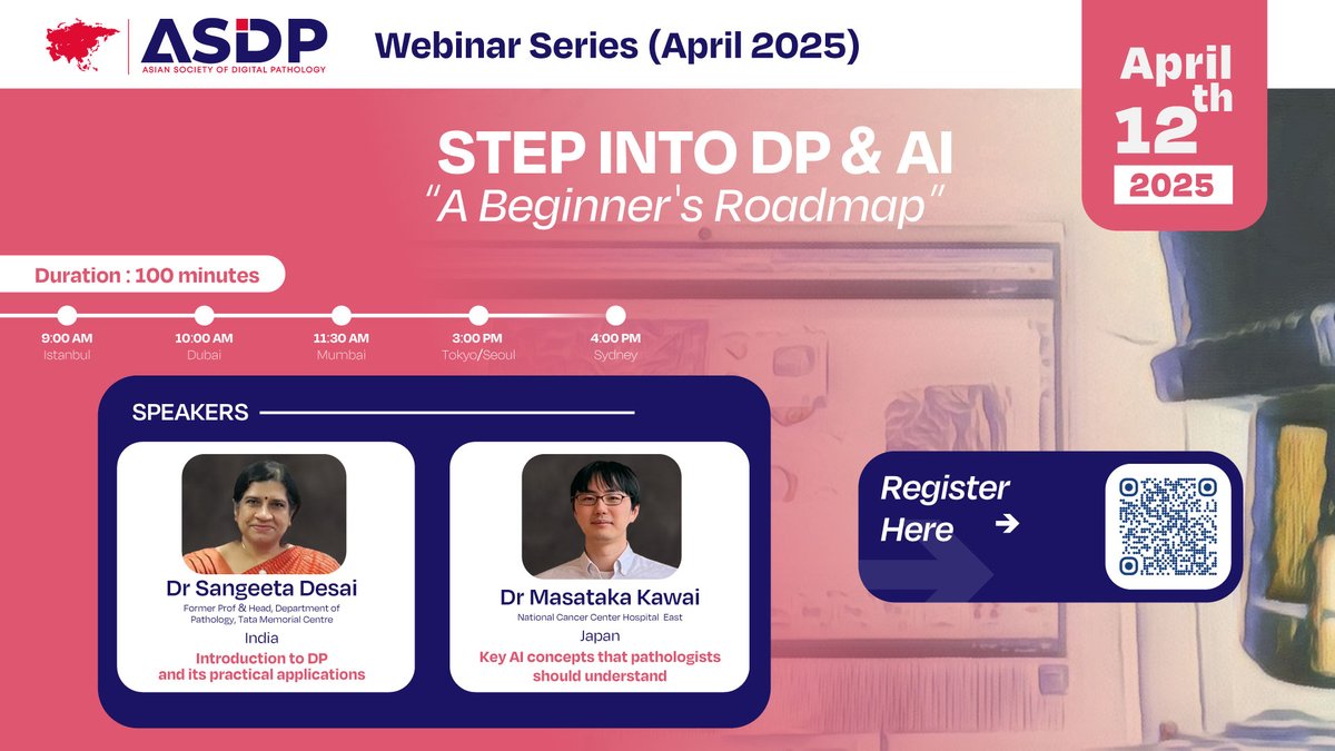 📢 Meet our experts!

🎤 “Introduction to digital pathology and treatment its practical applications” by Dr. Sangeeta Desai (Tata Memorial Centre, India)

🎤 “Key AI concepts that pathologists should understand” by Dr. Masataka Kawai (National Cancer Center Hospital East, Japan)