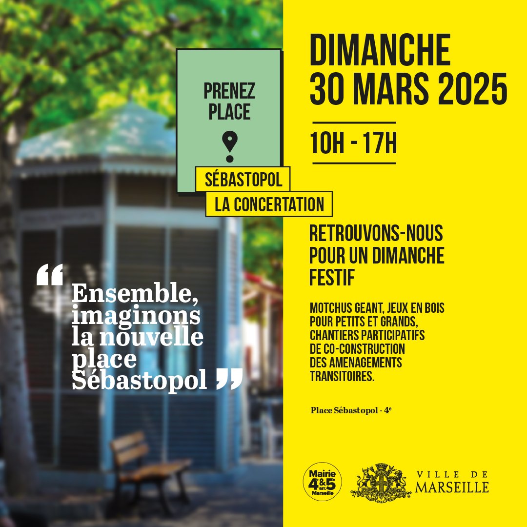 #MarseillePlusVerte | La 3ème édition de « Prenez Place » se tiendra le dimanche 30 mars de 10h à 17h sur la place Sébastopol (4ᵉ) 🌳

➡️ Au programme #Motchus géant, jeux en bois pour les petits et grands et chantiers participatifs.

🌐 Plus d'infos : bit.ly/4iTBpZt