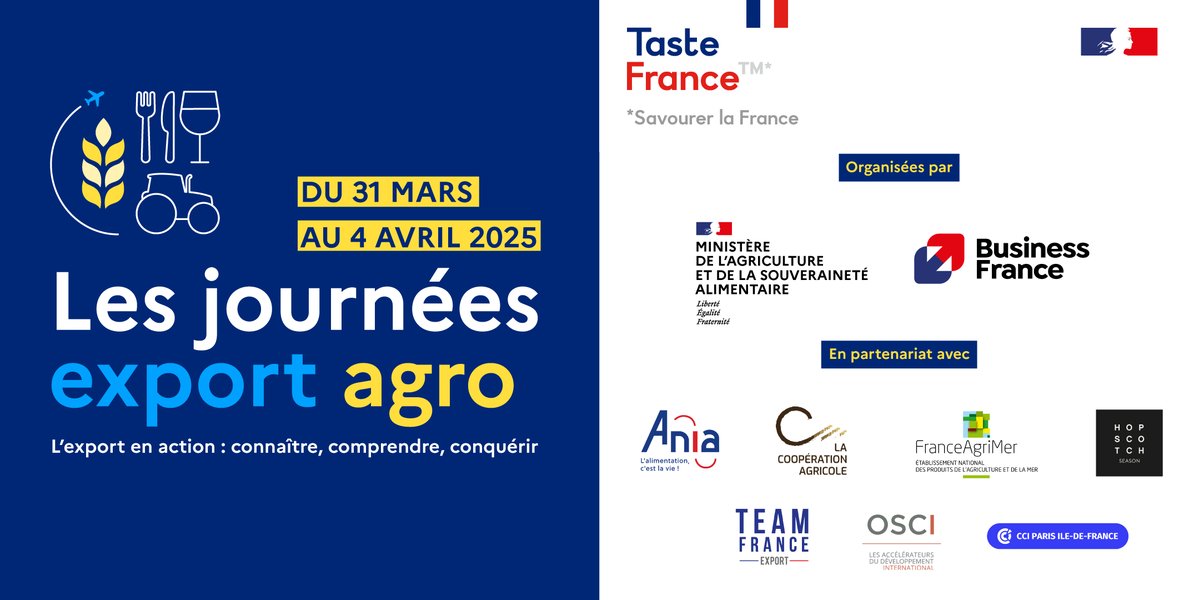 J-5 avant les #JournéesExportAgro 2025, en partenariat avec l'Ania

Du 31 mars au 4 avril :
👉12 webinaires (<a href="/Agri_Gouv/">Ministère Agriculture et Souveraineté alimentaire</a> &amp; <a href="/businessfrance/">Business France</a>) pour décrypter les tendances/booster son export
👉 Présentation du Club export agro le 1er avril à 14h
Inscription : www2.businessfrance.fr/l/591721/2025-…