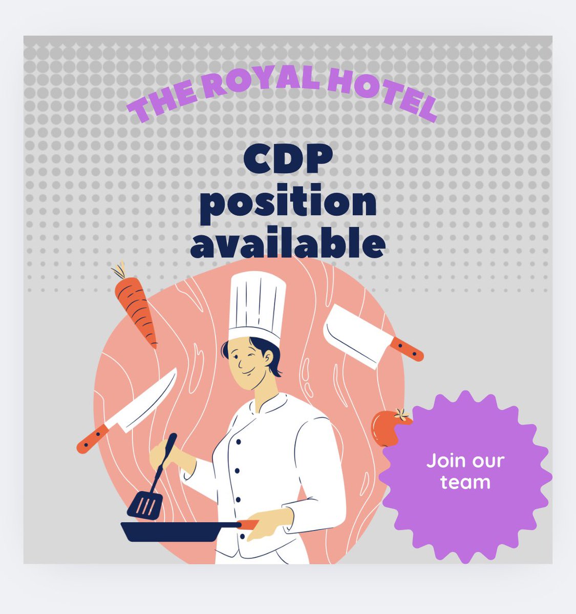 Royal Bar & Restaurant (@royalpenicuik) on Twitter photo Looking for a full time chef de partie to join our established kitchen. 🔪🍳 🥩
Anyone interested drop us a DM or email royal.hotel@sky.com #Chef #job Looking for a full time chef de partie to join our established kitchen. 🔪🍳 🥩
Anyone interested drop us a DM or email royal.hotel@sky.com #Chef #job