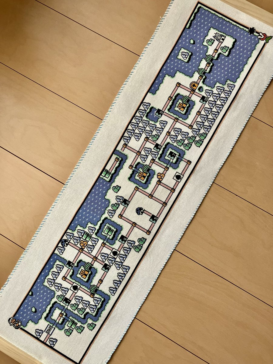 スーパーマリオ3 WORLD 6マップ🧊完成です！！

クロスステッチで作りました🪡

・サイズ(刺繍部分):17cm×74cm
・25ct 1本どり
・今回はフレームではなく両端を木で挟んで飾るものを使いました(海外製)
・制作期間は3年半(途中違う作品やお休み期間あり)

#crossstitch #マリオ3