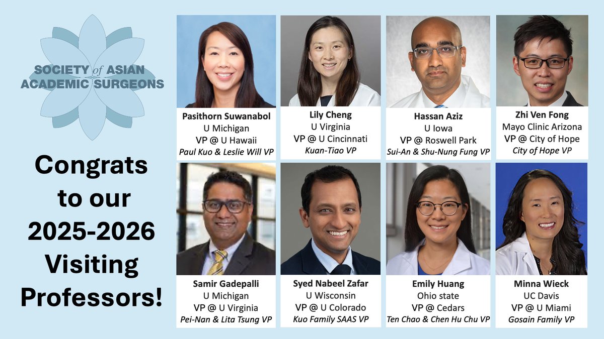 SocAsianAcadSurg (@asianacadsurg) on Twitter photo Congratulations to our 2025-2026 SAAS Visiting Professors!
<a href="/amysuwanabol/">Pasithorn Suwanabol</a> <a href="/LilySCheng/">Lily S. Cheng</a> <a href="/Sharpknife_Aziz/">Hassan Aziz, MD, FACS</a> <a href="/ZhiVenFongMD/">Zhi Ven Fong, MD MPH DrPH</a> <a href="/SamirGadepalli/">Samir Gadepalli</a> <a href="/NabeelZafarMD/">Syed Nabeel Zafar</a> <a href="/emilyhuangmd/">Emily Huang</a>
from <a href="/UMichSurgery/">Michigan Surgery</a> <a href="/UVASurgery/">UVA Surgery</a> <a href="/UIowa_Surgery/">University of Iowa Surgery</a> <a href="/MayoAZSurg/">Mayo Clinic AZ Department of Surgery</a> <a href="/WiscSurgery/">UW-Madison Department of Surgery</a> <a href="/OhioStateSurg/">Ohio State Wexner Medical Center Surgery Dept.</a> <a href="/UCDavisSurgery/">UC Davis Surgery</a> Congratulations to our 2025-2026 SAAS Visiting Professors!
<a href="/amysuwanabol/">Pasithorn Suwanabol</a> <a href="/LilySCheng/">Lily S. Cheng</a> <a href="/Sharpknife_Aziz/">Hassan Aziz, MD, FACS</a> <a href="/ZhiVenFongMD/">Zhi Ven Fong, MD MPH DrPH</a> <a href="/SamirGadepalli/">Samir Gadepalli</a> <a href="/NabeelZafarMD/">Syed Nabeel Zafar</a> <a href="/emilyhuangmd/">Emily Huang</a>
from <a href="/UMichSurgery/">Michigan Surgery</a> <a href="/UVASurgery/">UVA Surgery</a> <a href="/UIowa_Surgery/">University of Iowa Surgery</a> <a href="/MayoAZSurg/">Mayo Clinic AZ Department of Surgery</a> <a href="/WiscSurgery/">UW-Madison Department of Surgery</a> <a href="/OhioStateSurg/">Ohio State Wexner Medical Center Surgery Dept.</a> <a href="/UCDavisSurgery/">UC Davis Surgery</a>