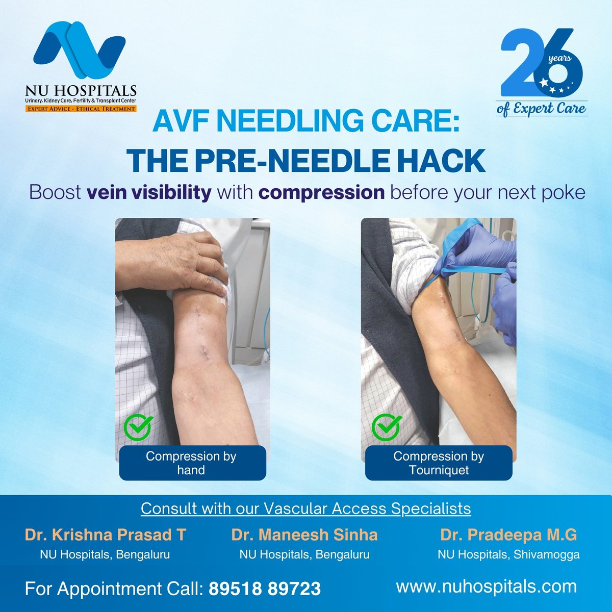 🩺 AVF NEEDLING CARE: IS YOUR NEEDLING DIFFICULT? 🤔
Are you struggling with difficulty in needling your native fistula?

Here’s a tip: Before needling, try dilating your vein by gently compressing it above the fistula.