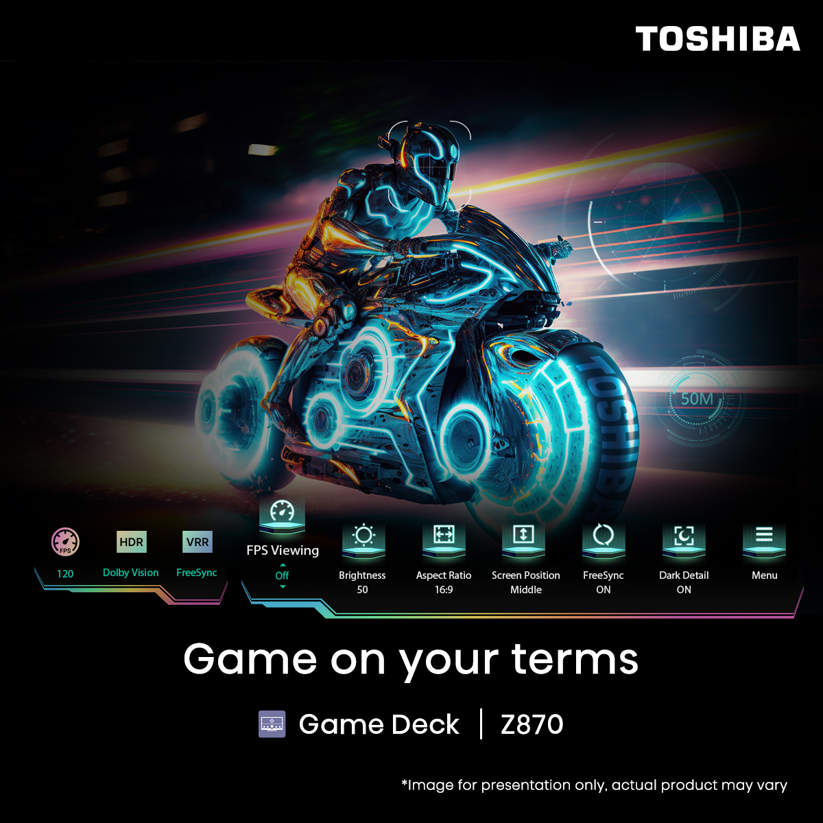 Control every detail with the #ToshibaTV Game Deck! Fine-tune settings and track performance metrics in real-time, keeping your focus on the action. What adjustments will you make?