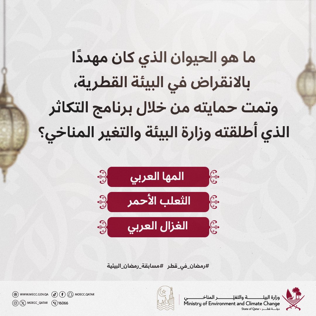 🌙

ما هو الحيوان الذي كان مهددًا بالانقراض في البيئة القطرية وتمت حمايته من خلال برنامج التكاثر الذي أطلقته وزارة البيئة والتغير المناخي؟

3000 ريال يوميًا موزعة على 3 فائزين..

شارك معنا ولا تنسَ تطبيق شروط المشاركة في المسابقة كما هو موضح في منشور سابق على حسابات الوزارة