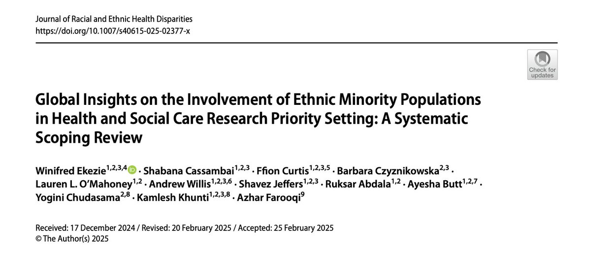 Prof Kamlesh Khunti (@kamleshkhunti) on Twitter photo Our scoping review led by <a href="/winifred/">alan chapman</a>
Representation of ethnic minority populations involvement in research across different countries is limited.
link.springer.com/article/10.100… Our scoping review led by <a href="/winifred/">alan chapman</a>
Representation of ethnic minority populations involvement in research across different countries is limited.
link.springer.com/article/10.100…