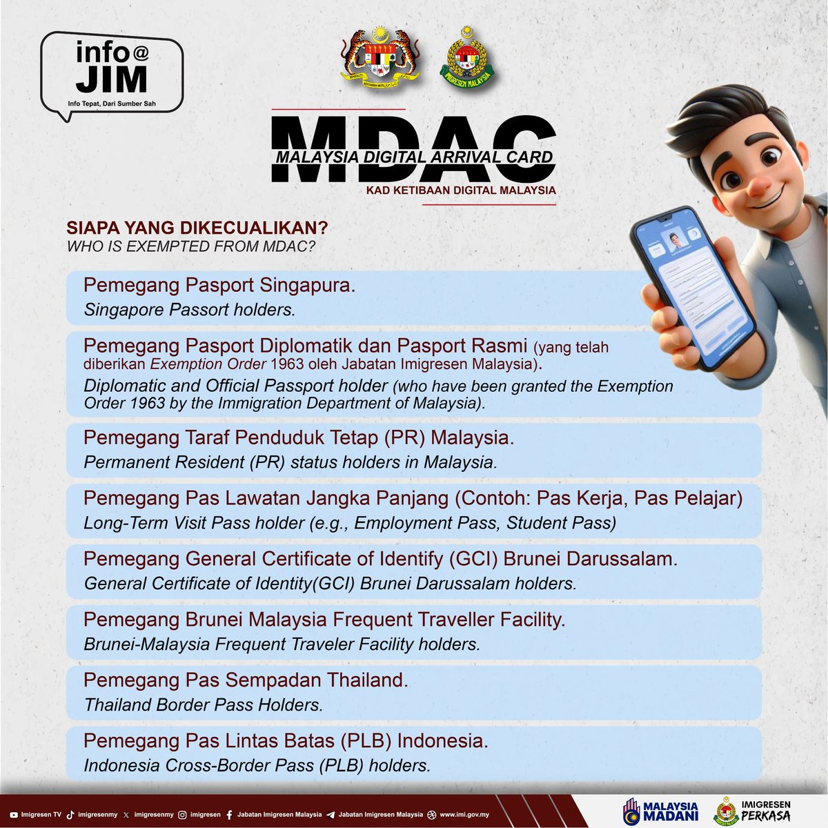 imigresenmy's tweet photo. 𝗥𝗘𝗚𝗜𝗦𝗧𝗘𝗥 𝗠𝗗𝗔𝗖 𝗕𝗘𝗙𝗢𝗥𝗘 𝗘𝗡𝗧𝗘𝗥𝗜𝗡𝗚 𝗠𝗔𝗟𝗔𝗬𝗦𝗜𝗔

All foreign nationals are 𝗥𝗘𝗤𝗨𝗜𝗥𝗘𝗗 to register the Malaysia Digital Arrival Card (MDAC) within 3 days before arriving in Malaysia.
https://t.co/4PpInTQ9TW https://t.co/fwvH5chTYG