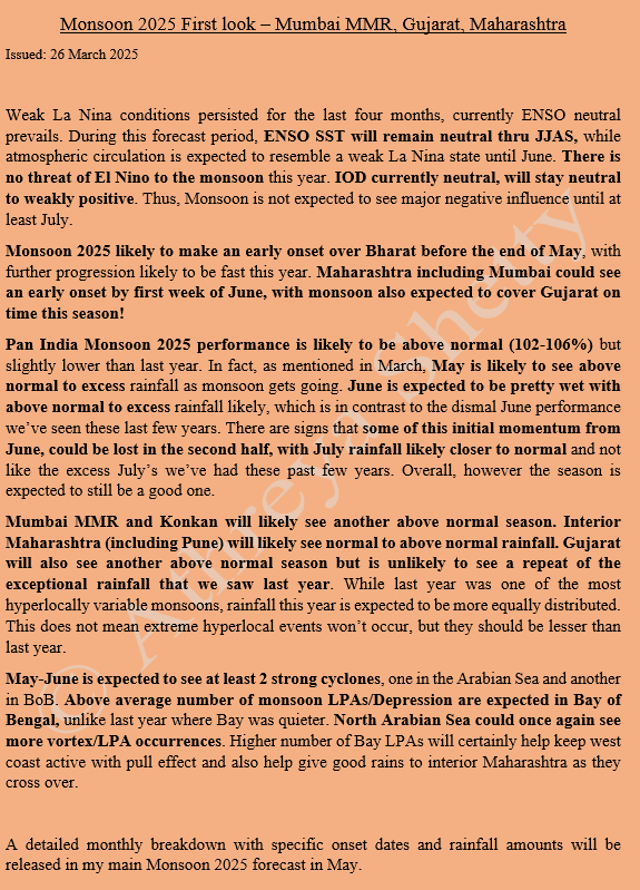 shetty_athreya's tweet image. Here's your “First Look" at #Monsoon2025 📢

Pls read full for details. Main points 👇

1) No threat of #ElNino this season. #IOD neutral to weakly positive in the first half.

2) Monsoon 2025 will be Above Normal for large parts of #Bharat including west coast, #MumbaiRains