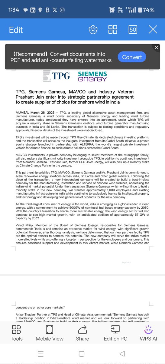 arijitbarman76's tweet image. 📌📌🚨🚨ET Impact~ Our Tuesday story now official. Gamesa wind turbine biz sold to TPG &amp;amp; friends! 
@tpg @Siemens_Energy @Siemens @EconomicTimes #mergers #Acquisitions #PrivateEquity #RenewableEnergy #windfarms
@PathakKalpana