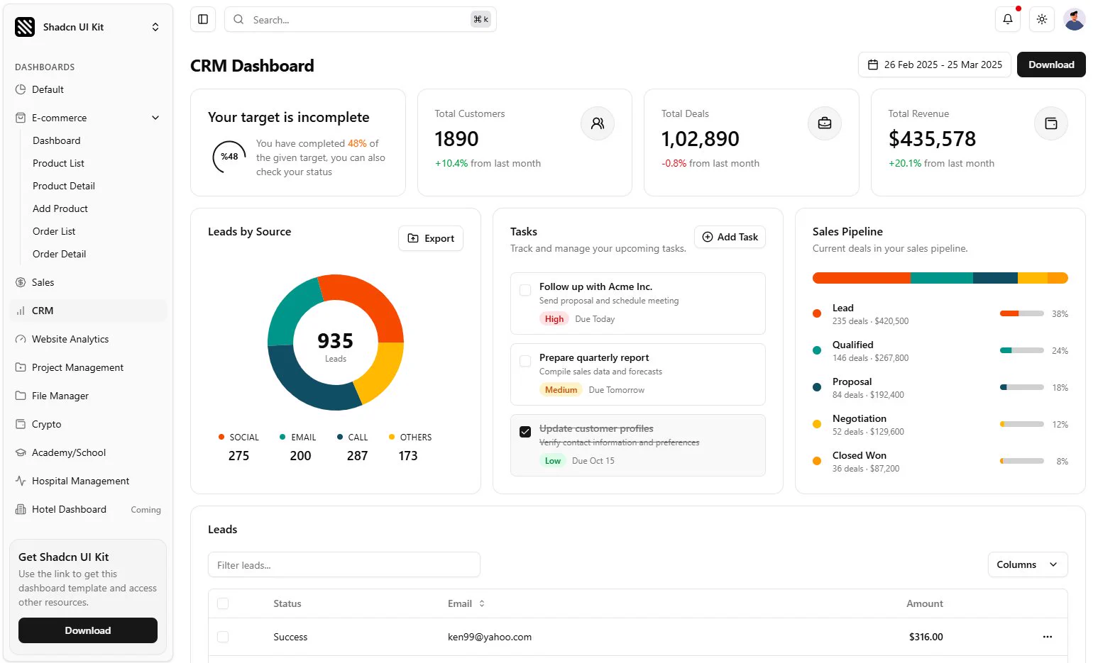 CRM 대시보드 — 사이드바 내비와 통계 카드 그리드
