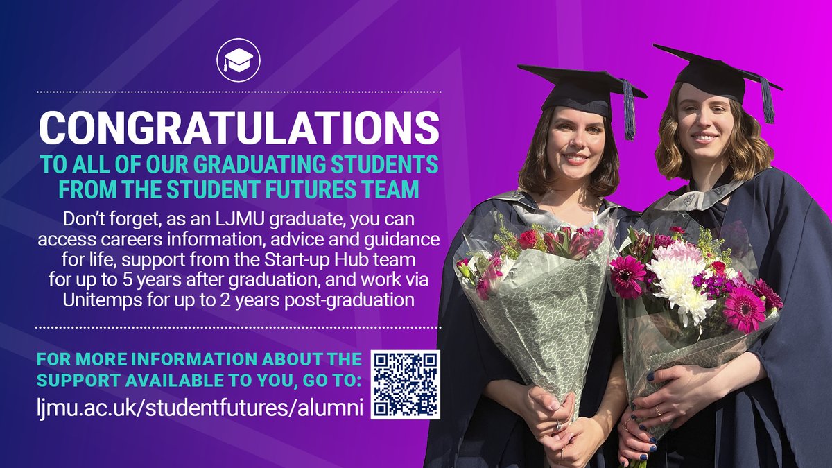 🥳🎓 Congrats to everybody graduating this week!  Don't forget, as an <a href="/LJMU/">Liverpool John Moores University</a> graduate you have lifetime access to careers support, you can work for @UnitempL for up to 2 yrs after graduation &amp; you can get support from the Start-up Hub team for up to 5 yrs - ljmu.ac.uk/studentfutures…