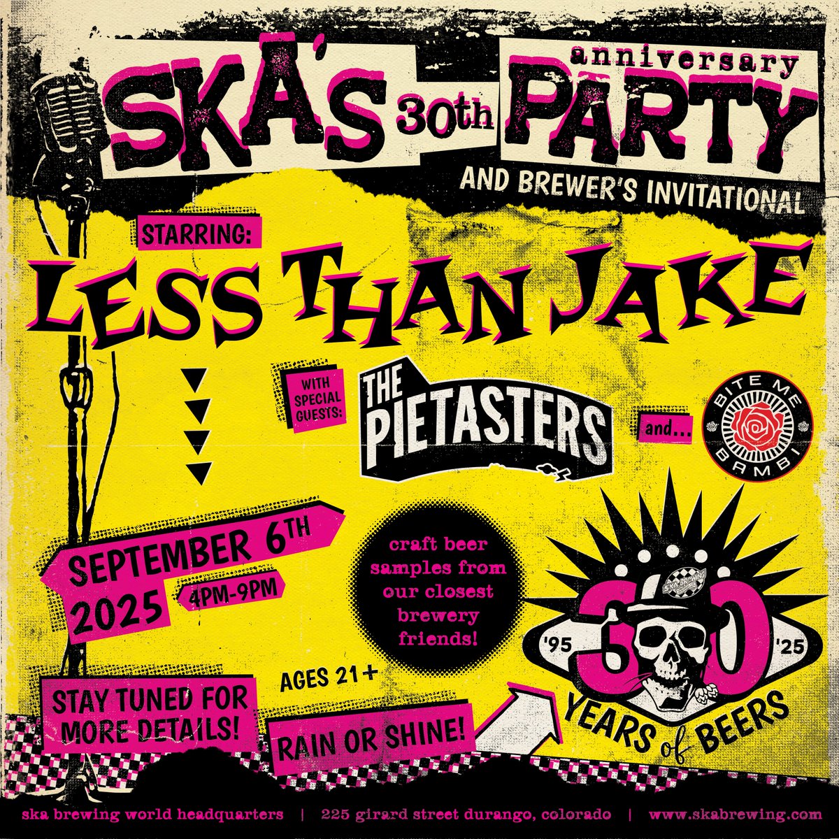 The Pietasters (@pietasters) on Twitter photo 📣 JUST ANNOUNCED! 📣
Sat, Sept 6th | Durango, CO
<a href="/skabrewing/">Ska Brewing</a> 30th Anniversary Party
ft. <a href="/LessThanJake/">Less Than Jake</a> w/ <a href="/pietasters/">The Pietasters</a> & <a href="/bitemebambiska/">bitemebambiband</a>
Stay tuned for more details!!
#lessthanjake #pietasters #BiteMeBambi #skabrewing 📣 JUST ANNOUNCED! 📣
Sat, Sept 6th | Durango, CO
<a href="/skabrewing/">Ska Brewing</a> 30th Anniversary Party
ft. <a href="/LessThanJake/">Less Than Jake</a> w/ <a href="/pietasters/">The Pietasters</a> & <a href="/bitemebambiska/">bitemebambiband</a>
Stay tuned for more details!!
#lessthanjake #pietasters #BiteMeBambi #skabrewing