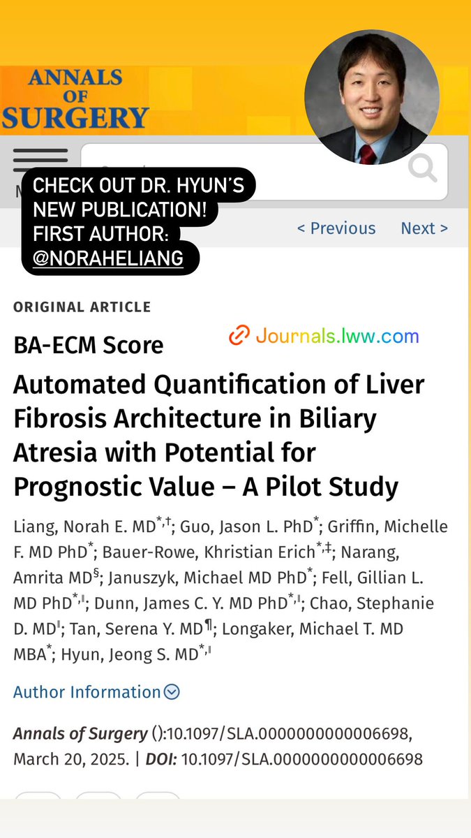 Research spotlight 🧐🔬🥼
Check out Dr. Hyun’s new publication! First author: Dr. Norah Liang 
Link: journals.lww.com/annalsofsurger…