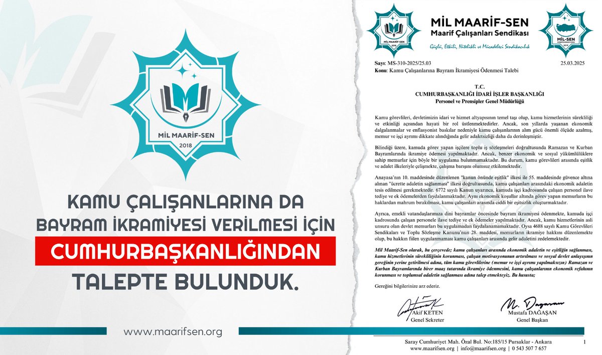 📌 *Mil Maarif-Sen olarak, kamu çalışanlarına da bayram ikramiyesi verilmesi için Cumhurbaşkanlığı’na resmi talepte bulunduk.

🔗maarifsen.org/kamu-calisanla…