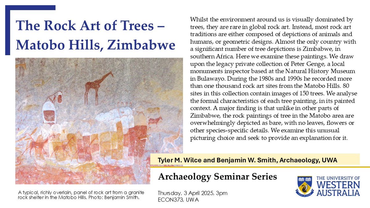 You are invited to a talk next week on trees in the #rockart of #Zimbabwe . Come and enjoy it. The talk is in the Old Economics Building at #UWA. Enter #UWA_Social_Sciences from car park near Reid Library. Take stairs (or elevator) all the way to top. Open to All.
