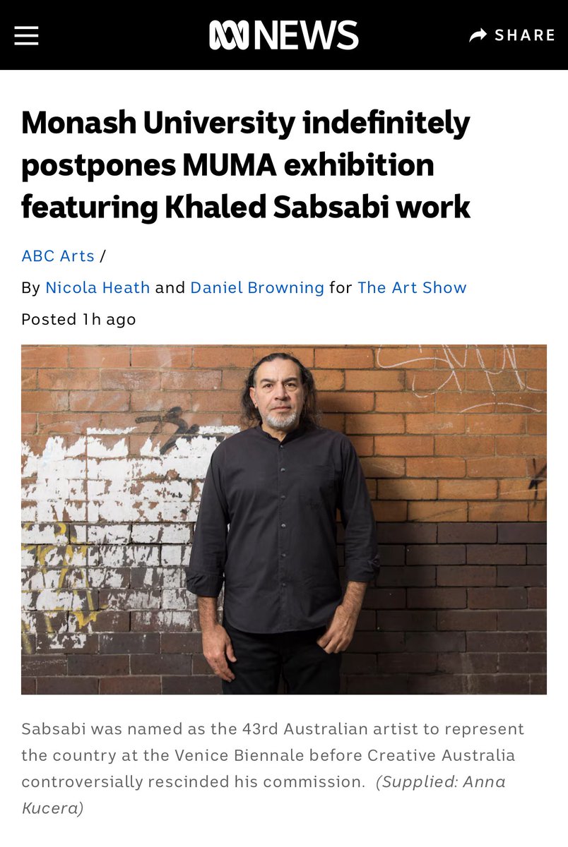 Endless shame on <a href="/creative_gov_au/">Creative Australia</a> and their cowardly Board for their racist cancellation of Khaled Sabsabi, which has given license to others to target him. The damage you have done is incalculable. This is a disgusting and racist action <a href="/MonashUni/">Monash University</a>