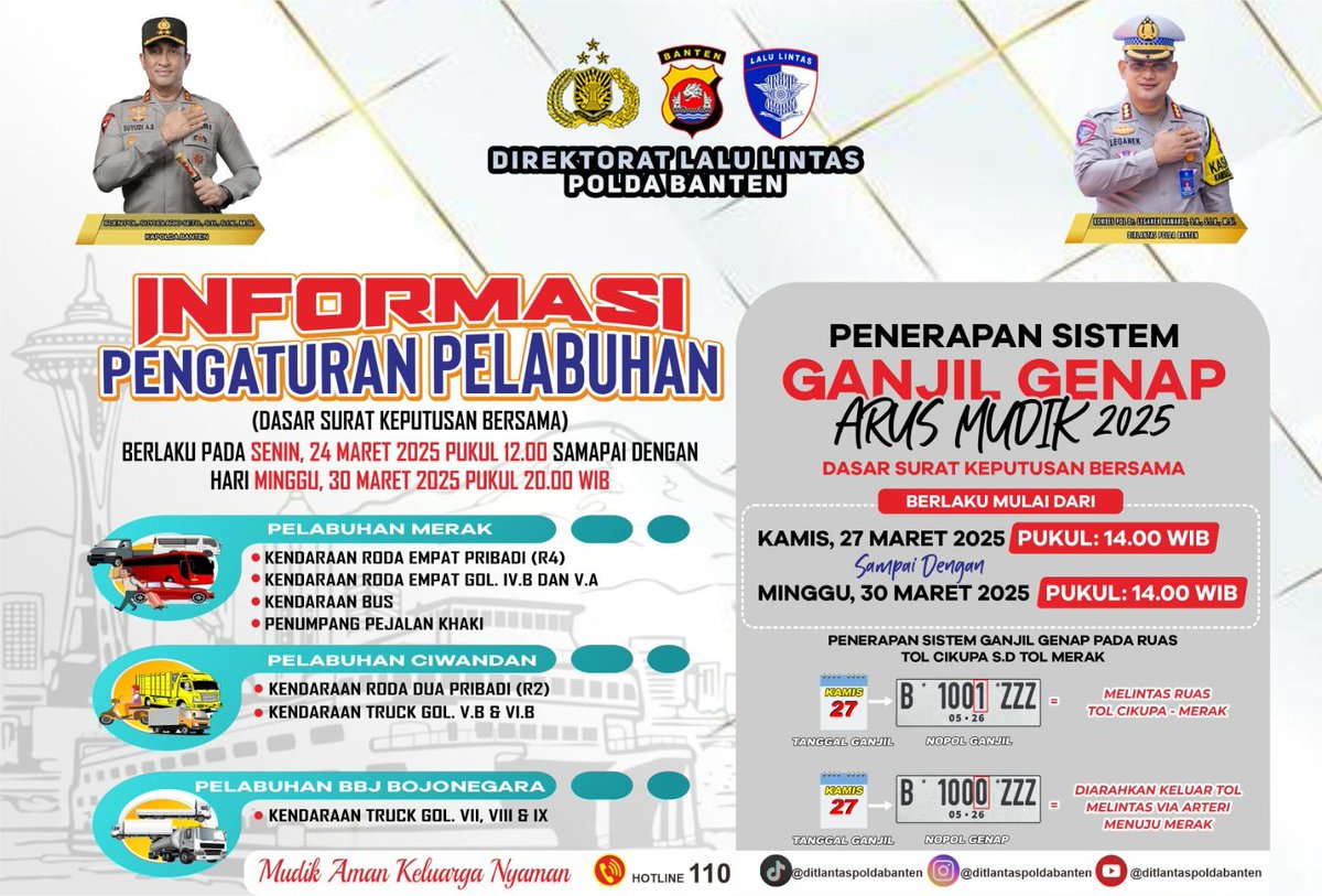 Yuli Sugiyanto (@yuliendah067) on Twitter photo Informasi bagi yang mau Mudik!!! Yuk Cek Ricek Informasi pengaturan di Pelabuhan dan penerapan Sistem Ganjil Ganjil Genap Arus mudik 2025 .
👇🏻👇🏻👇🏻
<a href="/DitLtsBanten/">ditlantaspoldabanten</a> Informasi bagi yang mau Mudik!!! Yuk Cek Ricek Informasi pengaturan di Pelabuhan dan penerapan Sistem Ganjil Ganjil Genap Arus mudik 2025 .
👇🏻👇🏻👇🏻
<a href="/DitLtsBanten/">ditlantaspoldabanten</a>
