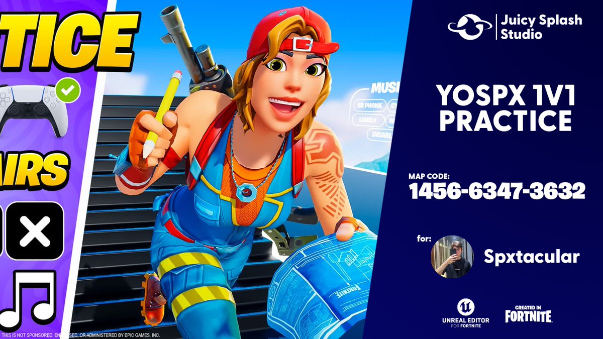 YOSPX 1V1 PRACTICE ⭐️
MAP CODE: 1456-6347-3632

The most modern 1V1 map on the market, a unique style and many opportunities to compete with your opponent or a friend in one place. Come in and see for yourself how freely you can compete with others. Let this map become your