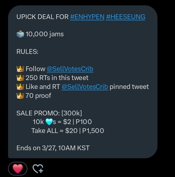 ksniconz_'s tweet photo. UPICK DEAL FOR #ENHYPEN #HEESEUNG

🗳 10,000 jams

RULES: 

👑 Follow @SellVotesCrib 
👑 250 RTs in this tweet
👑 Like and RT @SellVotesCrib pinned tweet
👑 70 proof

SALE PROMO: [300k]
           10k 🩵s = $2 | P100
          Take ALL = $20 | P1,500

Ends on 3/27, 10AM KST https://t.co/hdnrzr7MC2