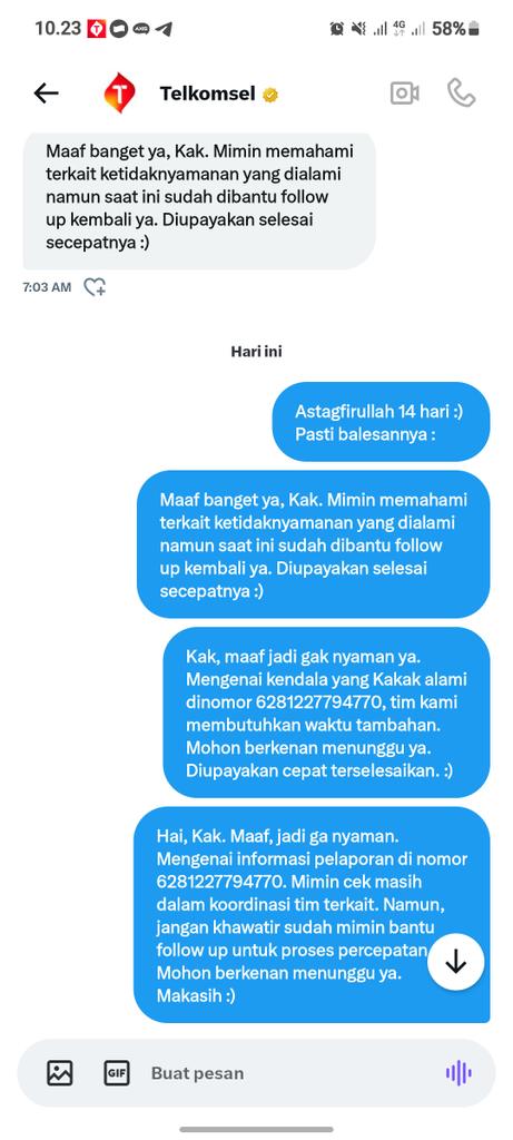 yaacuy's tweet photo. Sampai hafal balesan admin @Telkomsel , 14 hari nanganin paket data ga kelar kelar. Butuh berapa lama lagi min? :D https://t.co/l6Iz5mmFFQ