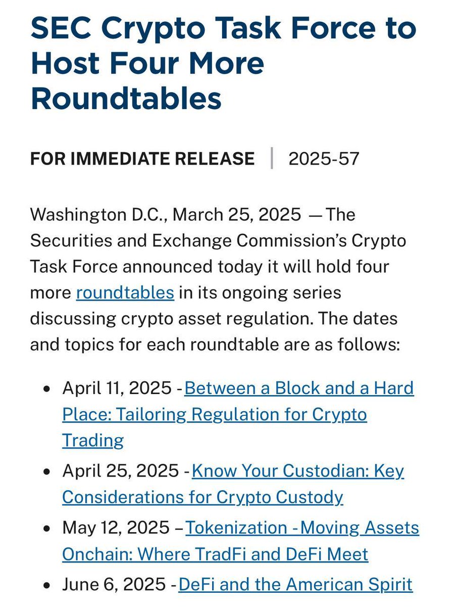 akshoydasss's tweet image. 🇺🇸 NEW: The SEC Crypto Task Force just announced they will host four more crypto roundtables.

These meetings will be held on April 11th, April 25th, May 12th and June 6th.

#Cryptotaskforce #Fourroundtables