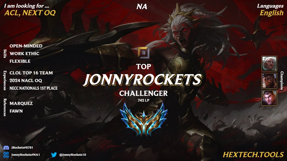 Looking for team for upcoming ACL as well as next OQs. Felt very comfortable in this past OQ and am finishing up my masters thesis in the next few weeks so I will have a significant amount of time on my hands to grind and improve at this level of play