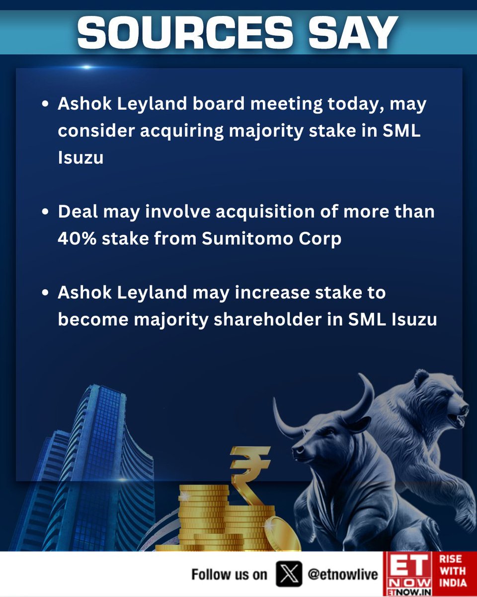 ETNOWlive's tweet photo. #SourceSay | Ashok Leyland board meeting today, may consider acquiring majority stake in SML Isuzu

@ankurmishrasays #AshokLeyland #SMLIsuzu #StockMarket https://t.co/jA2jmeuH1W