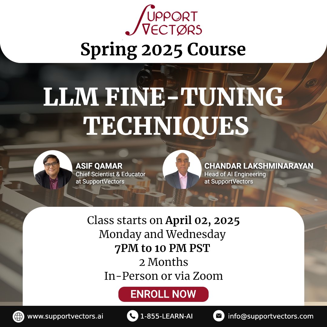 supportvectors's tweet image. 🚀 Ready to master AI? Learn fine-tuning, transfer learning & prompt engineering in our LLM Fine-tuning Techniques course!
📅 Starts April 2, 2025
📍 SupportVectors Fremont, CA & Zoom
⏳ 2 months | Mon & Wed, 7-10 PM PST
Hands-on AI Lab, expert mentors & real datasets. Limited…