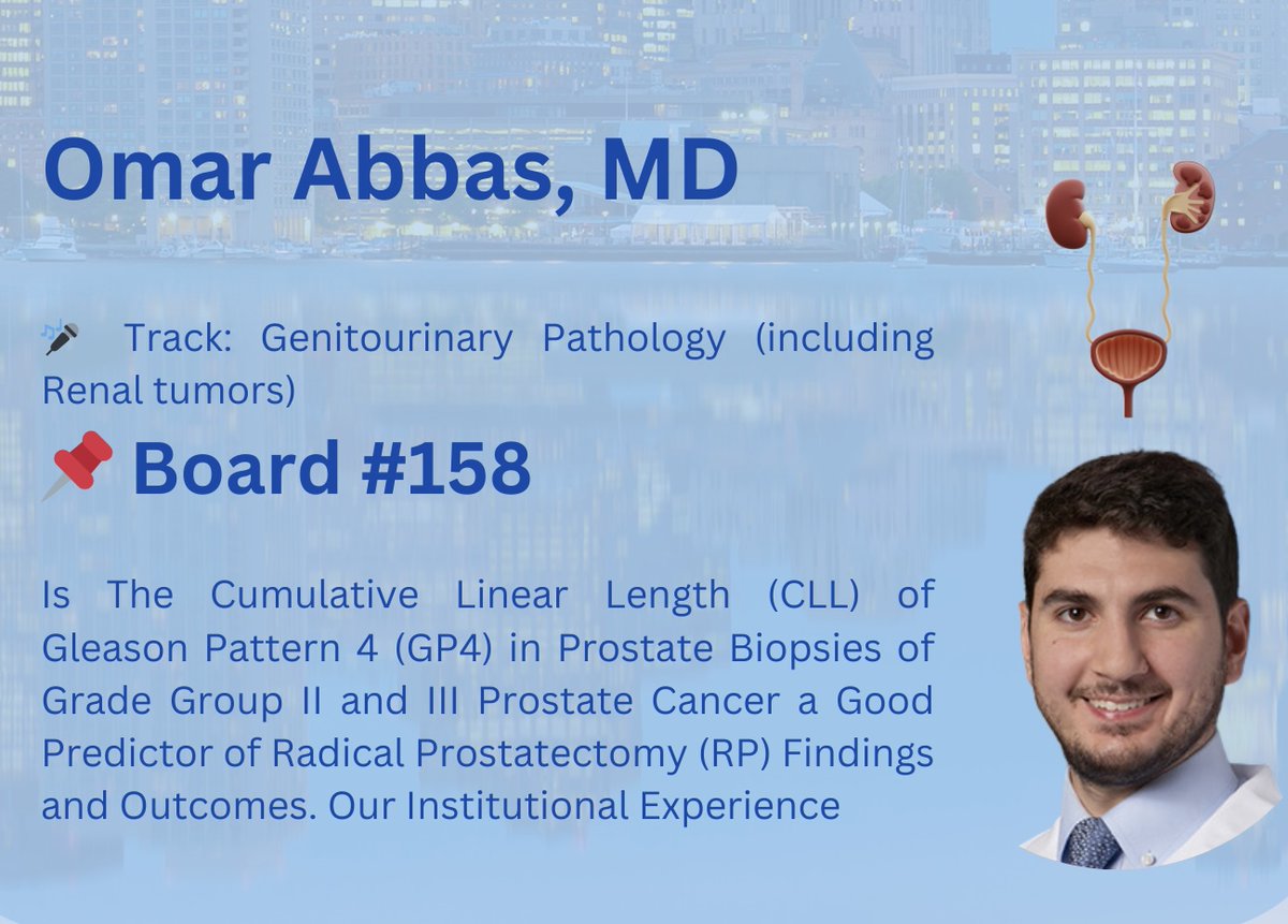 Check out one of our  posters  by Omar Abbas, MD

📅 Wednesday March 26
⏰1:00–4:00 PM
📌Board #157 | Genitourinary Pathology
Title: Is the Cumulative Linear Length (CLL) of Gleason Pattern 4 in Prostate Biopsies of Grade Group II and III a Good Predictor of Radical Prostatectomy