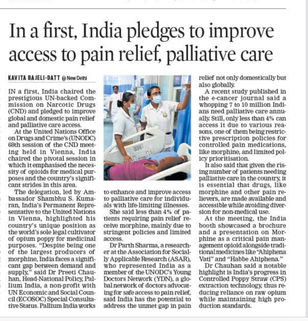 In a first, India chairs UN forum on narcotics, pledges to improve access to pain relief and palliative care

<a href="/NewIndianXpress/">The New Indian Express</a> <a href="/TheMornStandard/">TheMorningStandard</a> 
<a href="/iapcsecretary/">Indian Association of Palliative Care</a>
<a href="/palliumindia/">Pallium India</a>
<a href="/FinMinIndia/">Ministry of Finance</a>
<a href="/MoHFW_India/">Ministry of Health</a>
<a href="/IAHPC/">IAHPC</a> <a href="/parth_0013/">Parth | पार्थ</a> <a href="/UNODC/">UN Office on Drugs & Crime</a>
<a href="/asar_for_india/">Association for Socially Applicable Research</a> <a href="/DrEliSaenz/">Dr Elizabeth Saenz</a> <a href="/UNODC_PTRS/">UNODC Prevention Treatment Rehabilitation Section</a>