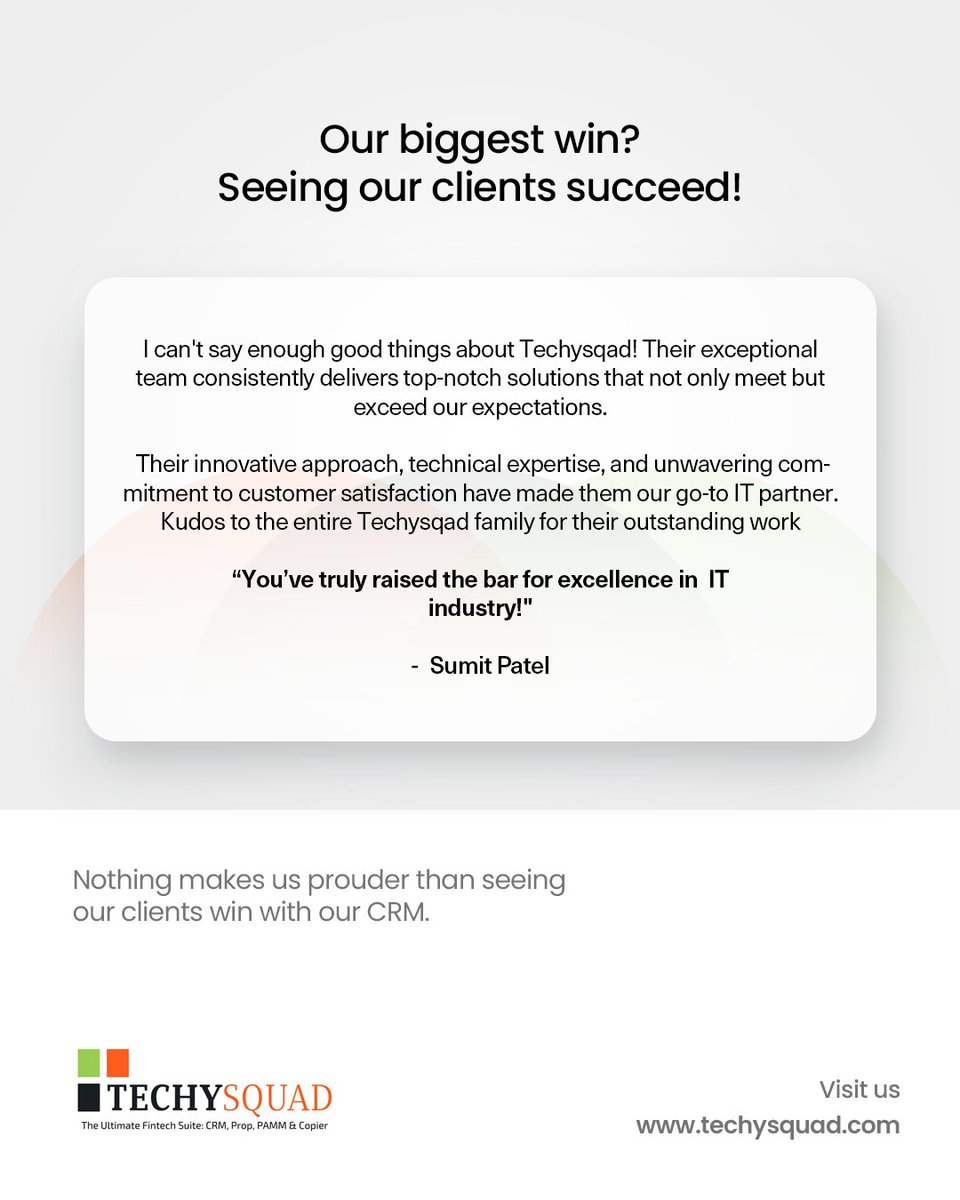 Techysquadd's tweet image. 🌟 𝗖𝗹𝗶𝗲𝗻𝘁 𝗦𝘂𝗰𝗰𝗲𝘀𝘀 𝗶𝘀 𝗢𝘂𝗿 𝗕𝗶𝗴𝗴𝗲𝘀𝘁 𝗪𝗶𝗻! 

At 𝗧𝗲𝗰𝗵𝘆𝘀𝗾𝘂𝗮𝗱, we take pride in delivering top-notch IT solutions tailored to your needs.💡

Let’s build success together!💼

#ITSolution #CRM #WebsiteDevelopment #WebDesign #websites #MarketingExperts