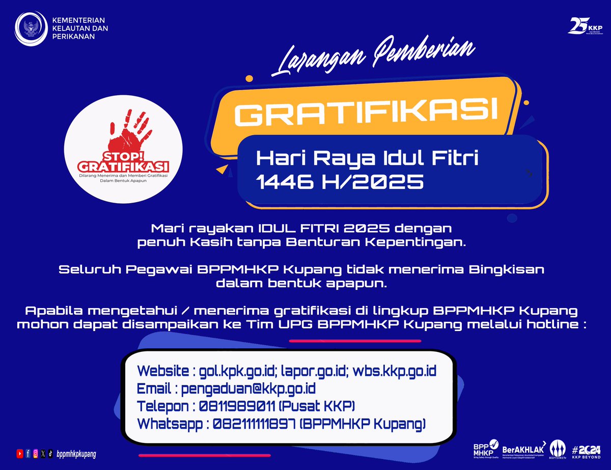 Hai #SahabatBahari mari rayakan Hari Raya Idul Fitri 1446 Hijriyah/2025 Masehi dengan penuh Kasih tanpa adanya Benturan Kepentingan.

#PanganBiru
#25TahunKKP
#SailBeyondWithBlueEconomy
#2024KKPBeyond
#EkonomiBiru
#MenteriKKP
#KKPGOID
#SaktiWahyuTrenggono