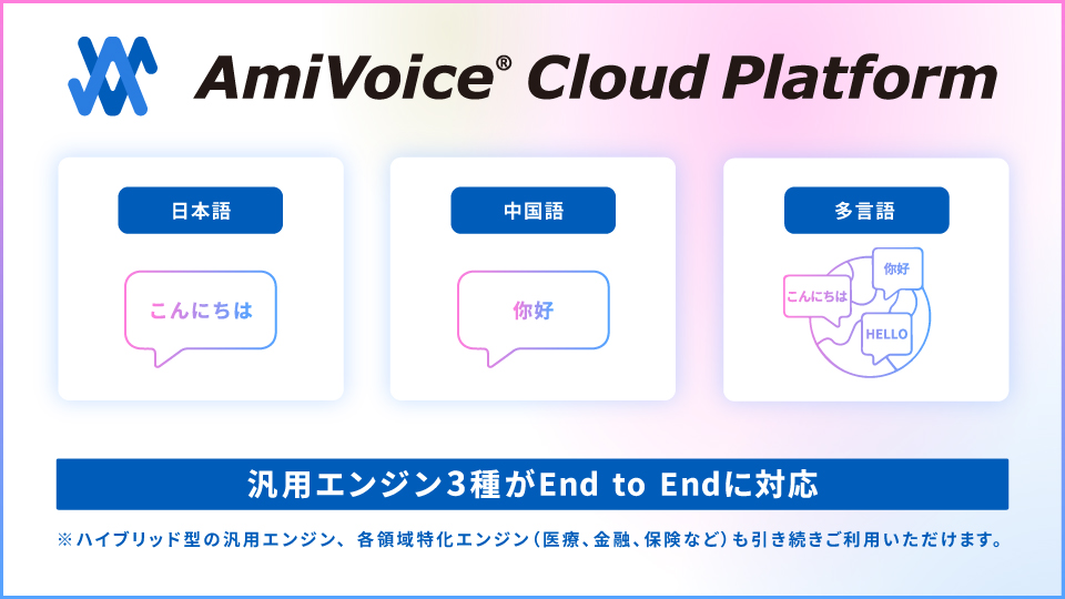 音声認識API「AmiVoice API」にEnd to End採用の次世代音声認識エンジン搭載で、認識精度が向上!
複数言語を認識できる多言語対応エンジンも追加しました。
■ニュースリリースはこちら
advanced-media.co.jp/newsrelease/96…