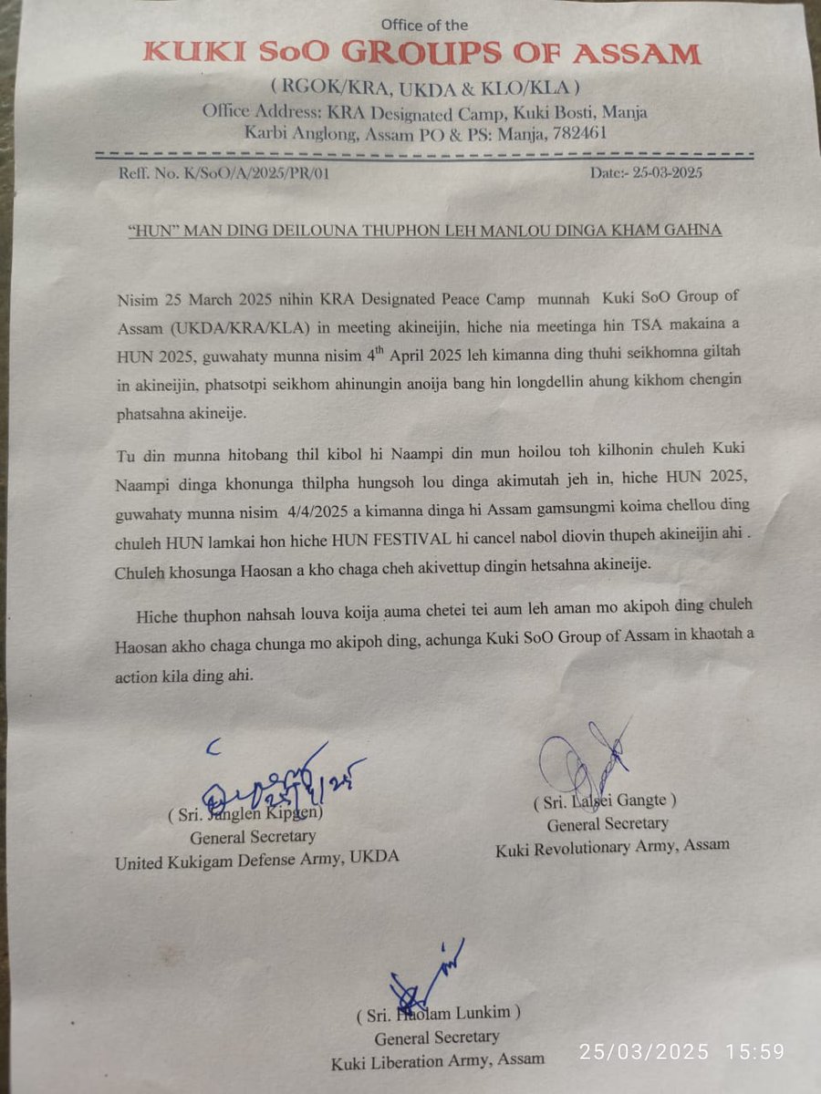 Chin Kuki Militants under SoO with  Assam Government warns Thadou Tribe against celebrating their biggest cultural festival HUN. Warns organizers to cancel celebration and  tribals not to participate; or face consequences. It says festival is against the 'non existent' Kuki