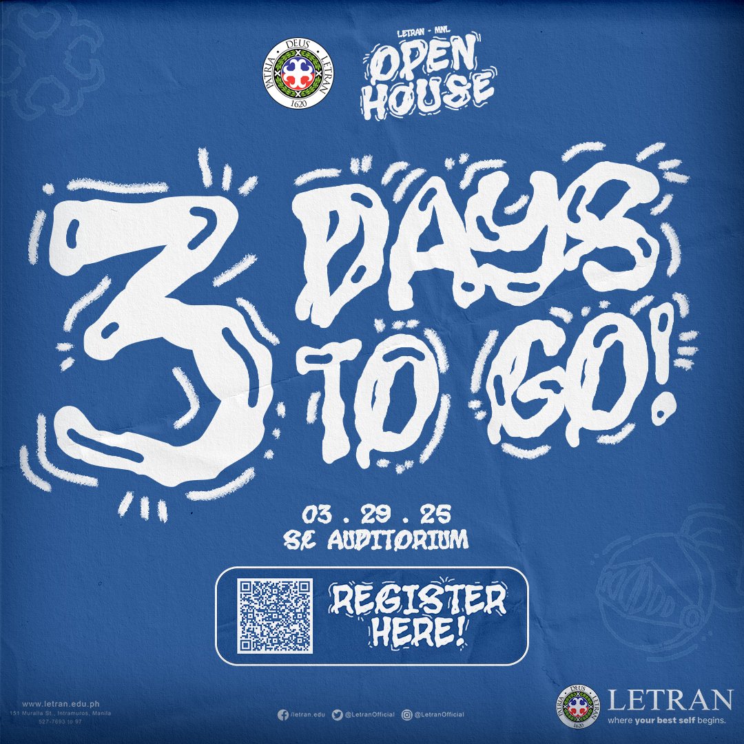 LetranOfficial's tweet photo. Hey, future Letranites!

Make sure to turn on your notifs and check your email for your slot ticket for the Open House!

March 29, 2025 (Saturday)
SC Auditorium
Gates open at 8:00 a.m.

HURRY! Registration closes on Thursday, March 27, 2025! 

Arriba!

#letran #AJAA https://t.co/Wno7vssUM2