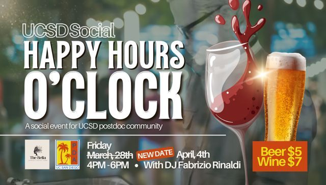 Due to César Chávez Holiday, 
Happy hour planned on 28th March is postponed to next Friday on 4th April, 2025.  
🗓️ Next Gathering: Friday, April 4th, 2025
🕓 Time: 4 PM
📍 Venue: 2nd Floor Terrace at The Bella | Espresso &amp; Cocktail Lounge
2880 Torrey Pines Scenic Dr, La Jolla