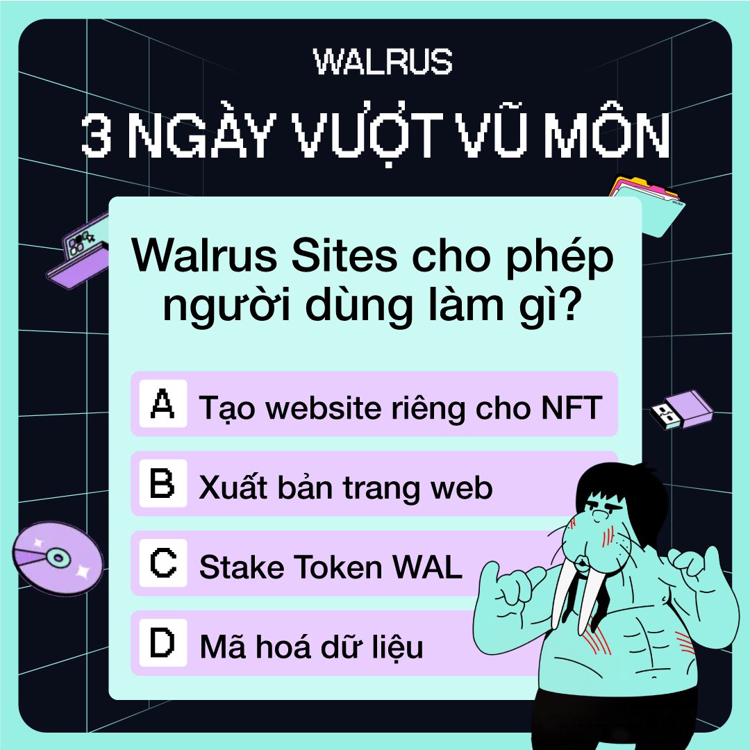 Walrus_VN's tweet photo. 📢 Walrus Mainnet - Chỉ còn 2 ngày! Anh em đã sẵn sàng cho cột mốc quan trọng này chưa?

🤔 Hôm nay, ai sẽ là 5 người may mắn tiếp theo "Vượt Vũ Môn" thành công và rinh về 25$? Tham gia ngay để không bỏ lỡ cơ hội nhé! 👇

🦭 Thử thách ngày 2: Walrus Sites cho phép người dùng làm gì?

Cách tham gia cực dễ:
1️⃣ Theo dõi @Walrus_VN
2️⃣ Tham gia nhóm Telegram chính thức: https://t.co/zET0aEqXcO
3️⃣ Like, RT bài viết này, comment đáp án và tag 2 người bạn cùng chơi

🔔 Kết quả sẽ được công bố vào lúc 8h30 tối hôm nay trên kênh X Walrus Việt Nam!